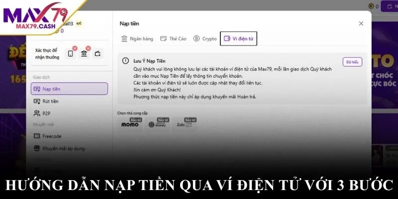 Hướng dẫn nạp tiền qua ví điện tử với 3 bước